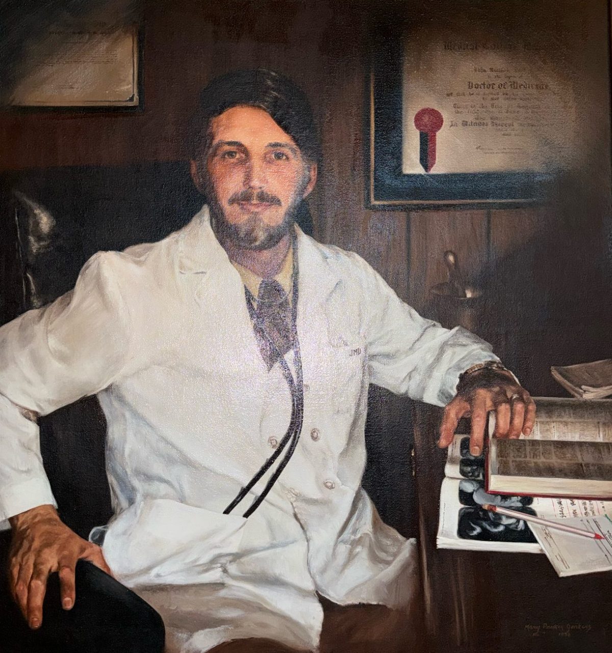 Oil portrait of Michael’s father in a white coat, seated at his desk